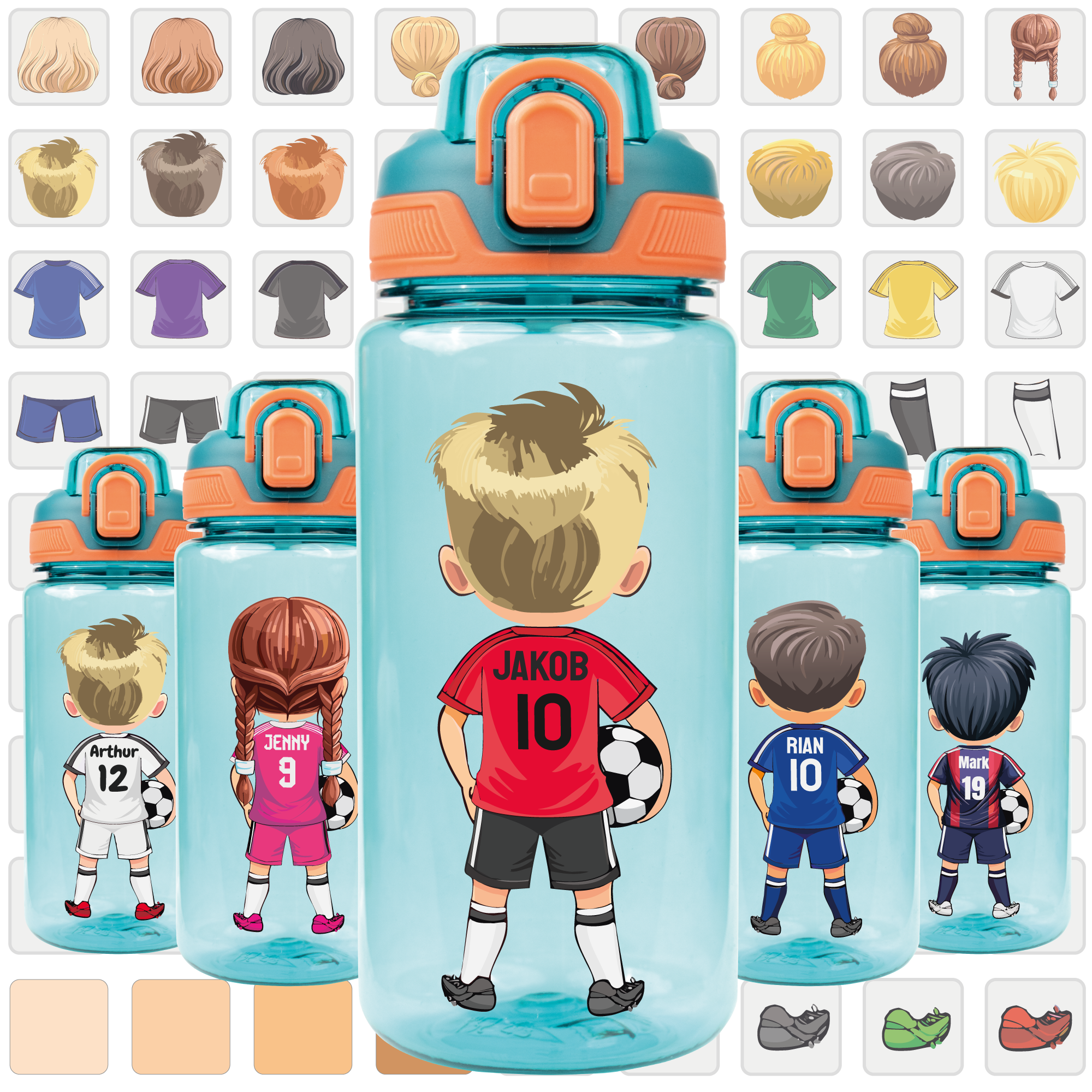 Personalisierte Fußball-Trinkflasche 600ml - Gestalte deinen Avatar mit Trikotnummer & Name